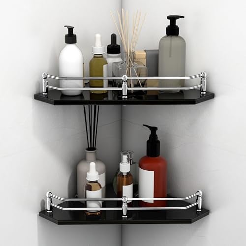 Plantex Premium Glass Corner Shelf for Bathroom/Kitchen Glass Shelf/Wall Mounted Bathroom Corner Shelf (9x9 Inches -Diamond-Black - Pack of 2) - Image 1