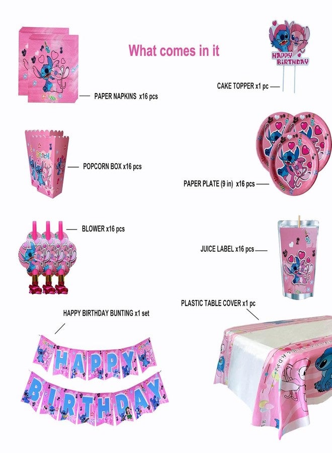Rovercci Pink Stitch kids Birthday Party supplies decoration set for 16 Guests–83PCS Set with 16 Plates9'' Napkins popcorn boxes birthday Banner juice labels blowouts Cake Topper & Tableware - Image 2