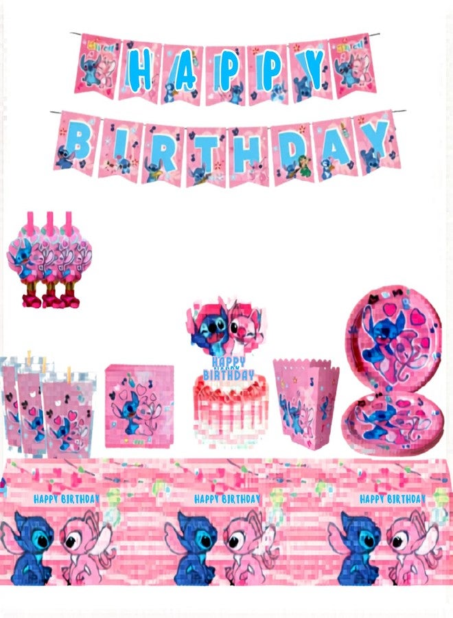 Rovercci Pink Stitch kids Birthday Party supplies decoration set for 16 Guests–83PCS Set with 16 Plates9'' Napkins popcorn boxes birthday Banner juice labels blowouts Cake Topper & Tableware - Image 3