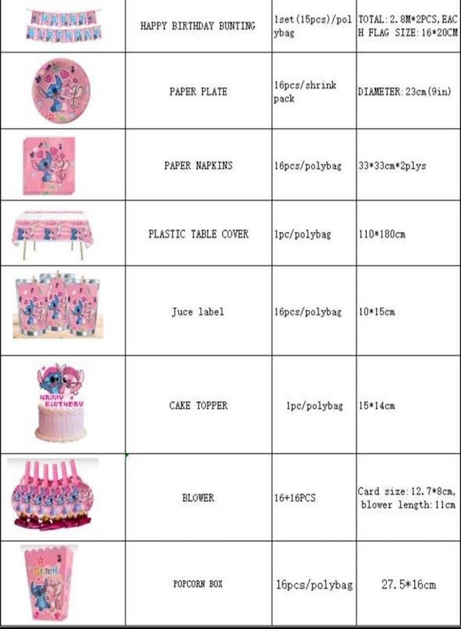 Rovercci Pink Stitch kids Birthday Party supplies decoration set for 16 Guests–83PCS Set with 16 Plates9'' Napkins popcorn boxes birthday Banner juice labels blowouts Cake Topper & Tableware - Image 4