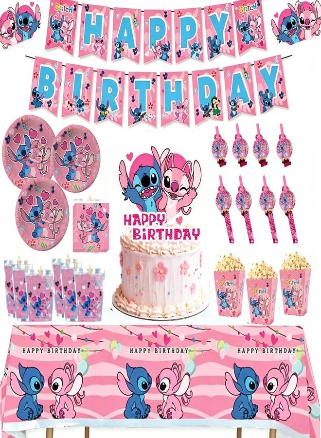 Rovercci Pink Stitch kids Birthday Party supplies decoration set for 16 Guests–83PCS Set with 16 Plates9'' Napkins popcorn boxes birthday Banner juice labels blowouts Cake Topper & Tableware - Image 1