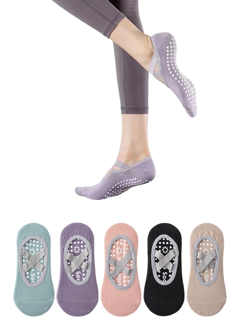 5 أزواج من جوارب اليوغا للنساء بمقابض وأشرطة مانعة للانزلاق، مثالية لممارسة البيلاتس والبار الباليه والرقص والتمارين الرياضية حافية القدمين - Image 1