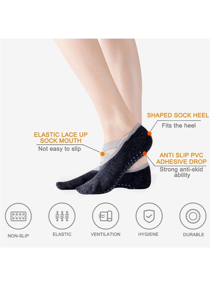 5 أزواج من جوارب اليوغا للنساء بمقابض وأشرطة مانعة للانزلاق، مثالية لممارسة البيلاتس والبار الباليه والرقص والتمارين الرياضية حافية القدمين - Image 4