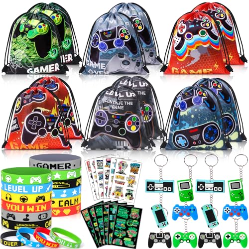 Winrayk 12 Sets Video Game Party Favors Gamer Birthday Supplies Gaming Drawstring Bag Silicone Wristband Glow In The Dark Tattoos Keychain Kid Game On Goodie Bag Stuffers Gamer Party favors Supplies - Image 1