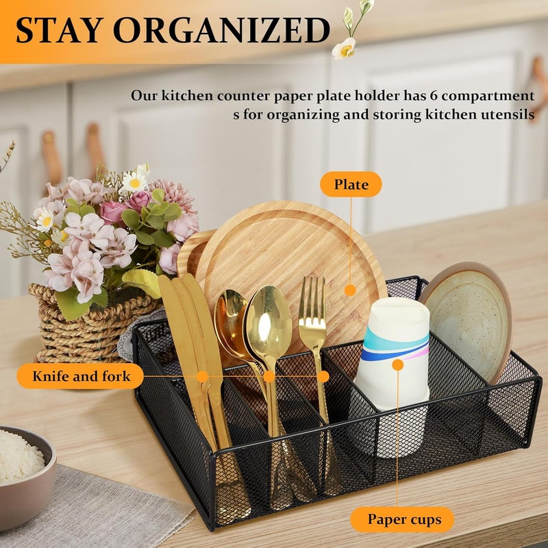 windforgecraft Cutlery Utensil Holder Paper Plate Organizer for Countertop Metal Silverware Caddy with 6 Compartments Utensil Holder for Kitchen Counter Cabinet Silverware Caddy for Parties, Napkin Holder - Image 5