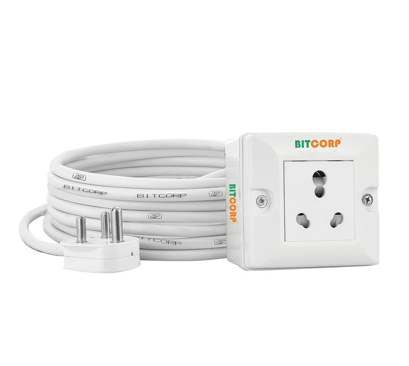 BITCORP Bitcorp Extension Board Heavy Duty Box 15A 16A 20A with Thermal Protection 1 Way Socket 2500W Surge Protection with 1 Meter Long Cable Cord Wall Mount White  - Image 1