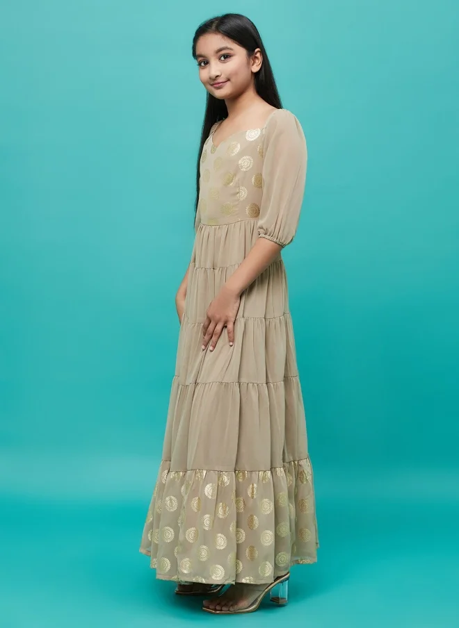 AKS Beige Ethnic Printed Maxi Dress for Girls