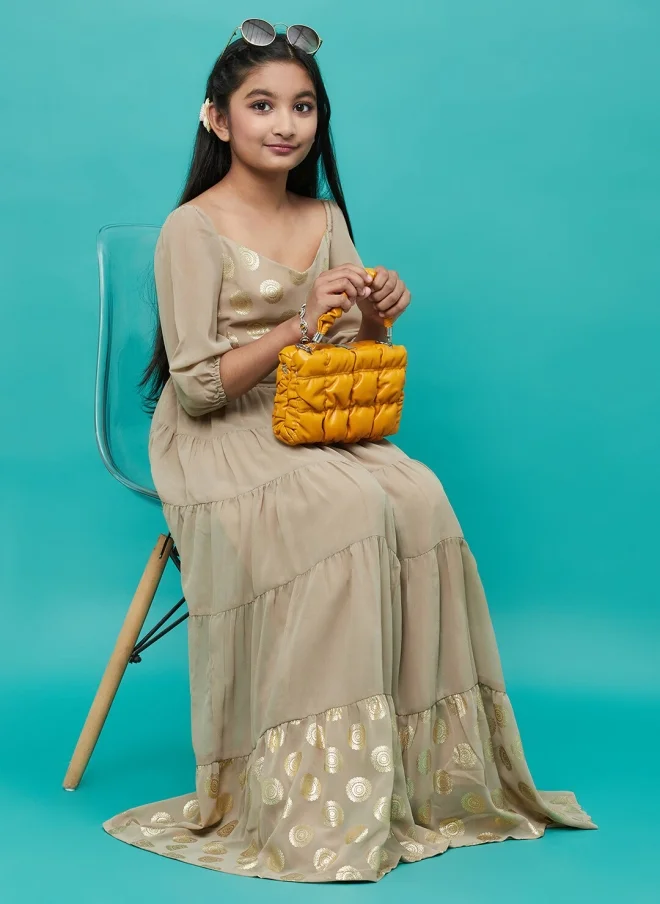 AKS Beige Ethnic Printed Maxi Dress for Girls