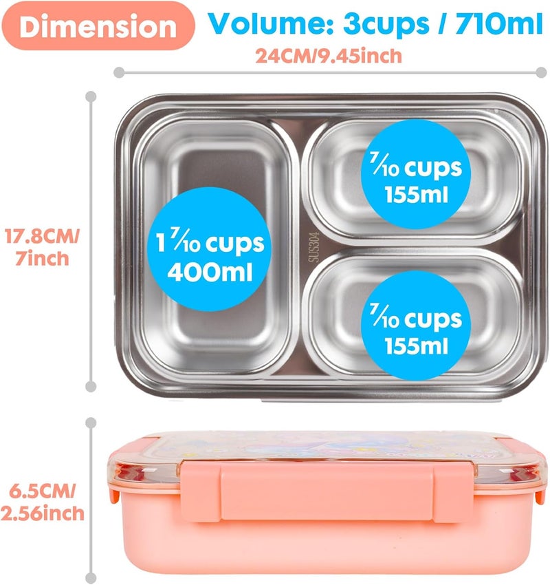 PowerKing Stainless Steel Bento Lunch Box for Kids, 710ml/23.5oz BPA-Free Leak-Proof Children Food Containers with 3 Compartments, Back to School Students Daycare Lunches Snack Container Size for Age 4-8 - Image 4