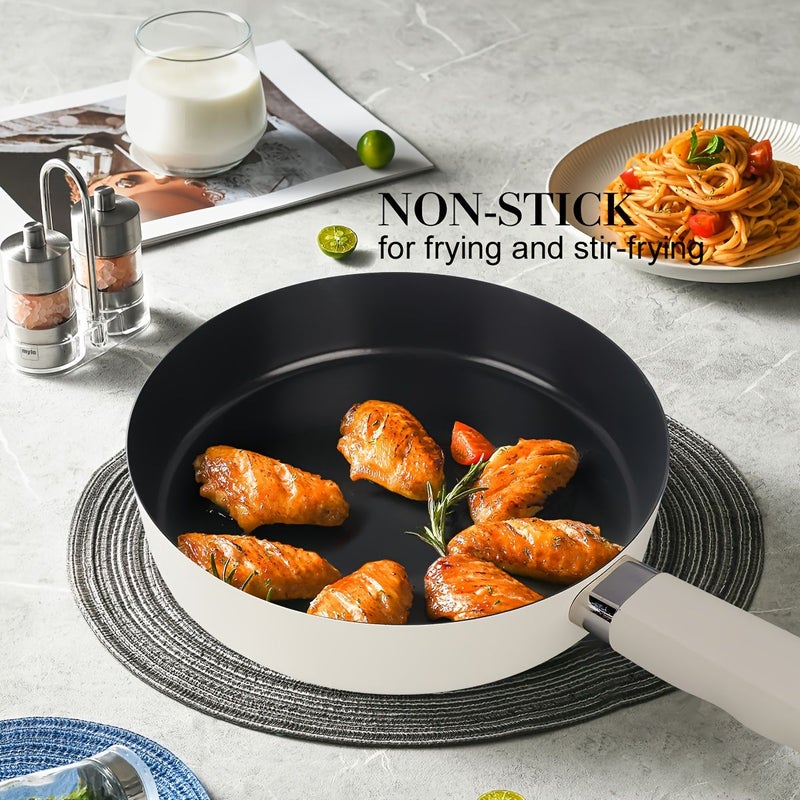 Premium White Frying Pan Without Lid Non-Stick Titanium Coating Durable - Image 1