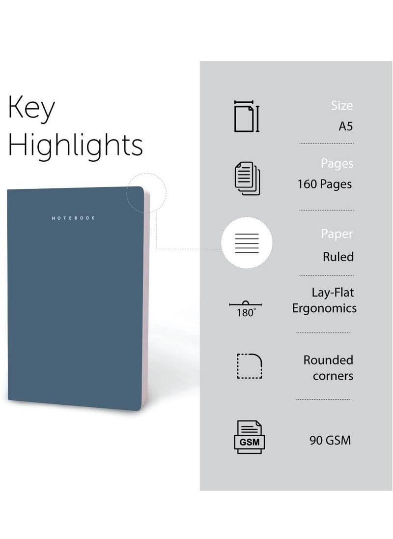 FACTOR NOTES A5 Size Minimalist Softbound Ruled Notebook 160 Pages 90gsm Thickness Navy Blue Cover  - Image 2