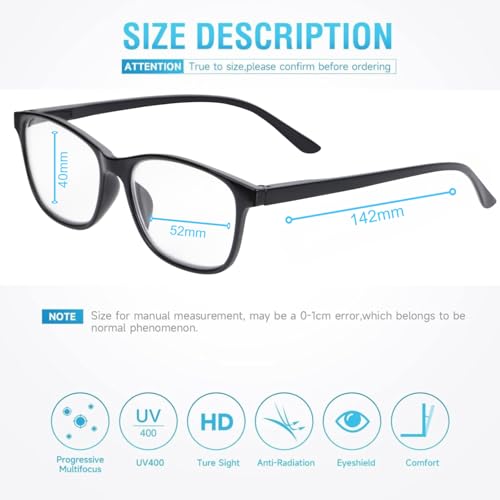 AEC Bloom1 Progressive Blue Light Glasses | Elegant Full Rim Rectangular Frame for Men & Women | Spring Hinge | Anti-Blue Ray Multifocal Lenses | Hard Case Included (Gloss Black, +1.50) - Image 3