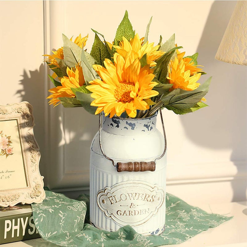 Yoillione Milk Jug Vase White Farmhouse Decor, Country Metal Flower Rustic Jug for Artificial Flowers, Cream Pitcher Vintage Shabby Chic, French Bucket With Handle - Image 2