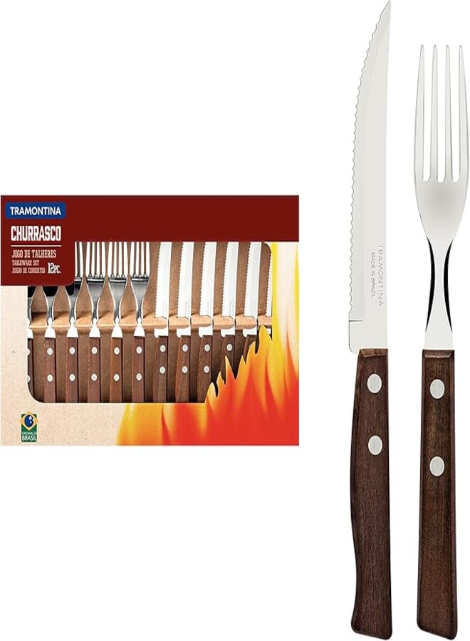 Tramontina 12 Piece Steak Knife and Fork Cutlery Set, Wood, Brown
