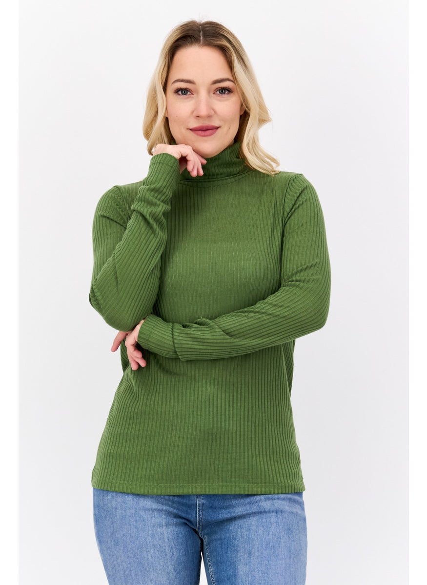 Pepe Jeans Women Turtle Neck Long Sleeve Ribbed Top, Green  - Image 1