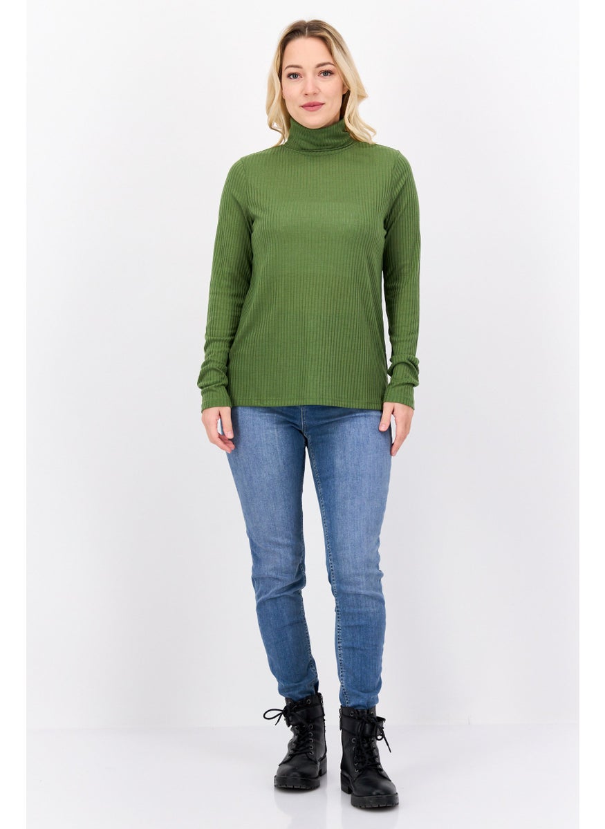 Pepe Jeans Women Turtle Neck Long Sleeve Ribbed Top, Green  - Image 2