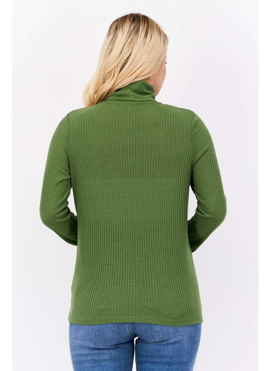 Pepe Jeans Women Turtle Neck Long Sleeve Ribbed Top, Green  - Image 4