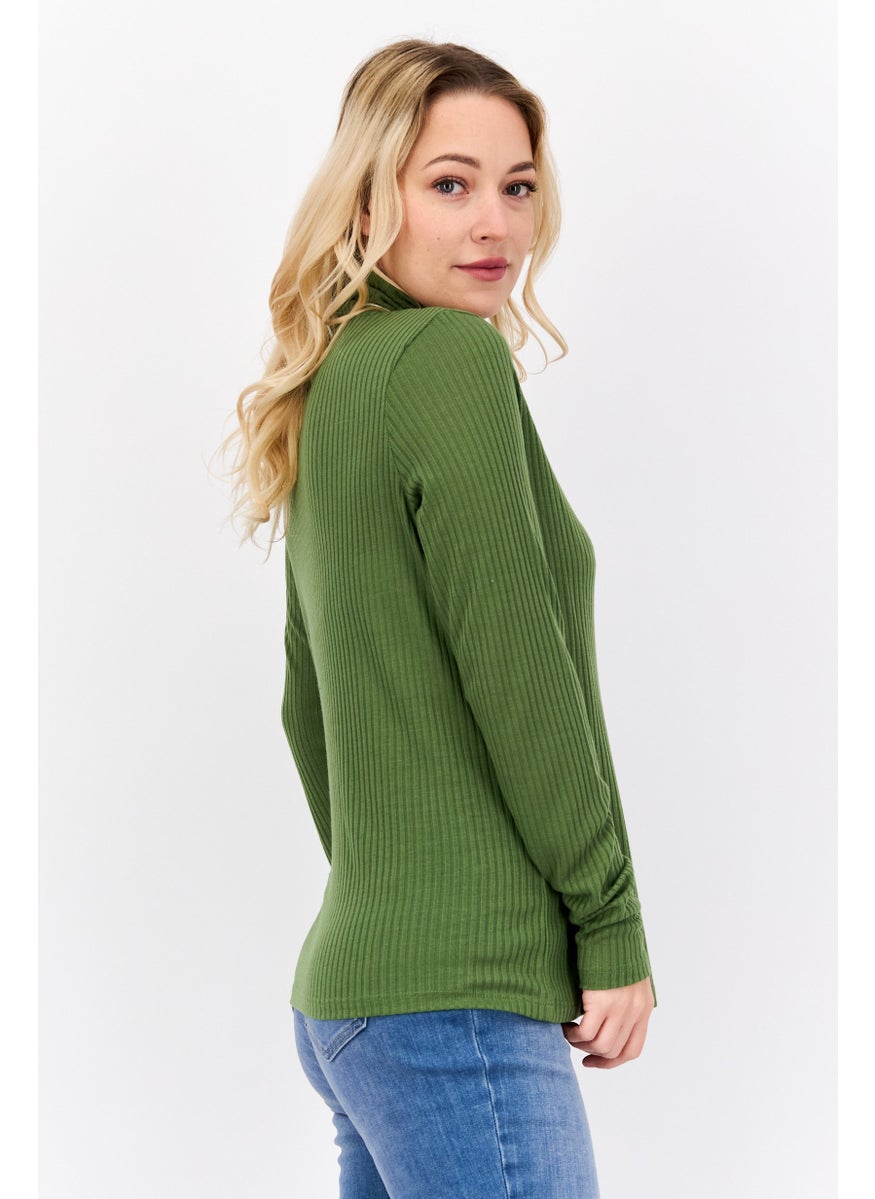 Pepe Jeans Women Turtle Neck Long Sleeve Ribbed Top, Green  - Image 3