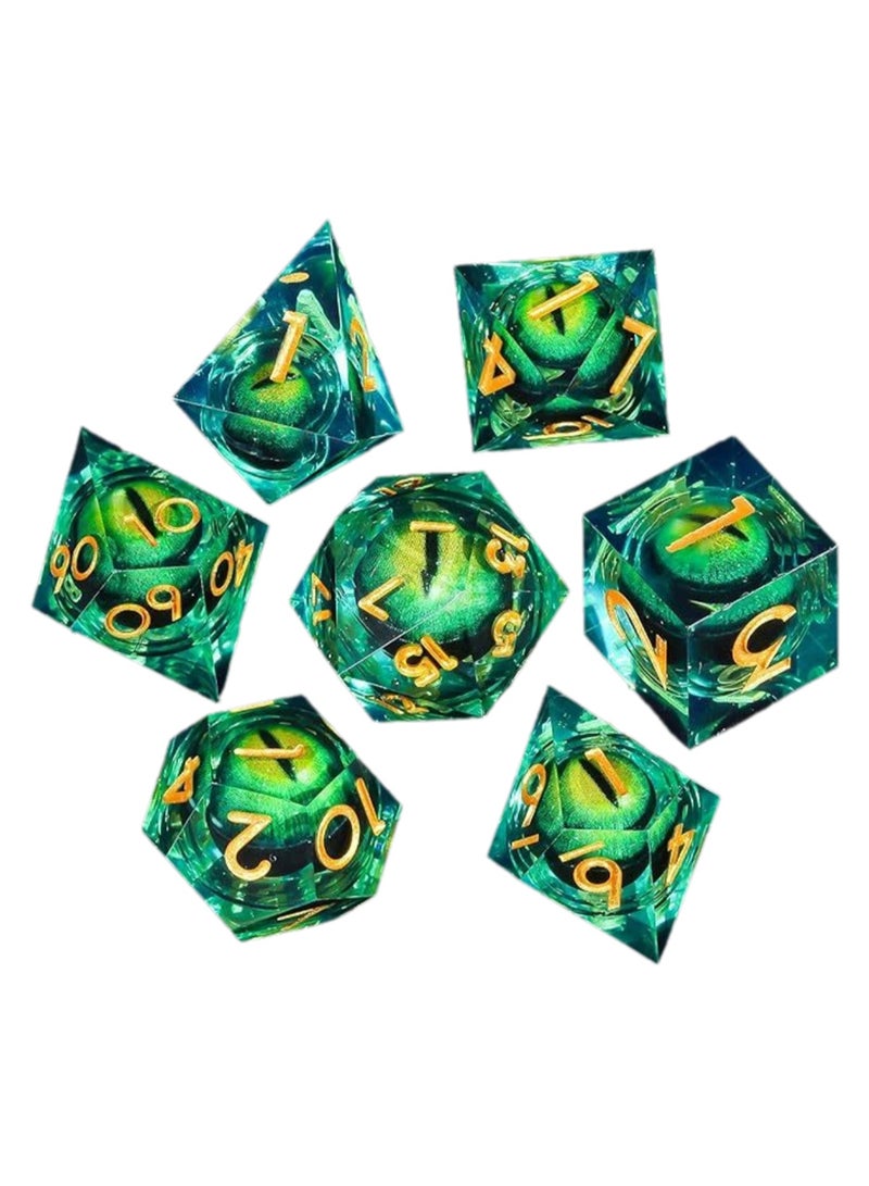 DND Resin Dice Dragon Eye Dice Set 7 Pieces Liquid Core Dice Sharp Edge Dice with Gift Dragon Eye Bag for Dungeons and Dragons Role Playing Game Dice (Eyes Green)