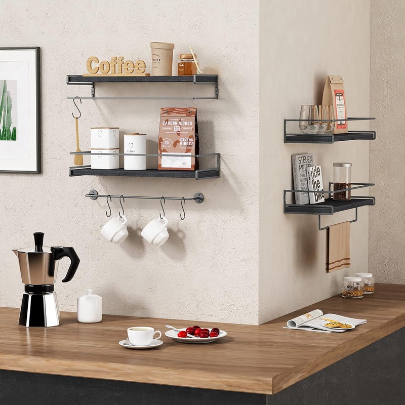 Forbena Black Floating Shelves for Bathroom Wall Set of 2, Kitchen Spice Rack Wall Mount, Modern Wood Hanging Wall Shelves for Bedroom Organizer, Restroom Pantry Closet Storage (Grey-Black) - Image 2