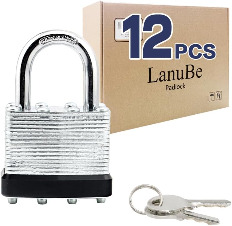 LanuBe Lock Laminated keyed Padlock (1-9/16", 40mm), keyed Alike Locks, Normal Shackle,Marked Black Plastic Hoop, Pack of 12… - Image 1
