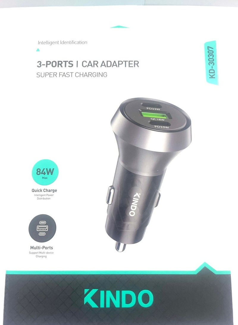 كيندو شاحن سيارة كيندو 3 منافذ - منفذ USB - 2 منفذ PD 84 وات - Image 1