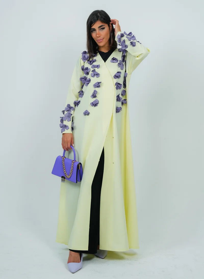 Rosette Abaya Stylish Yellow abaya featuring Purple Flowers embroidery