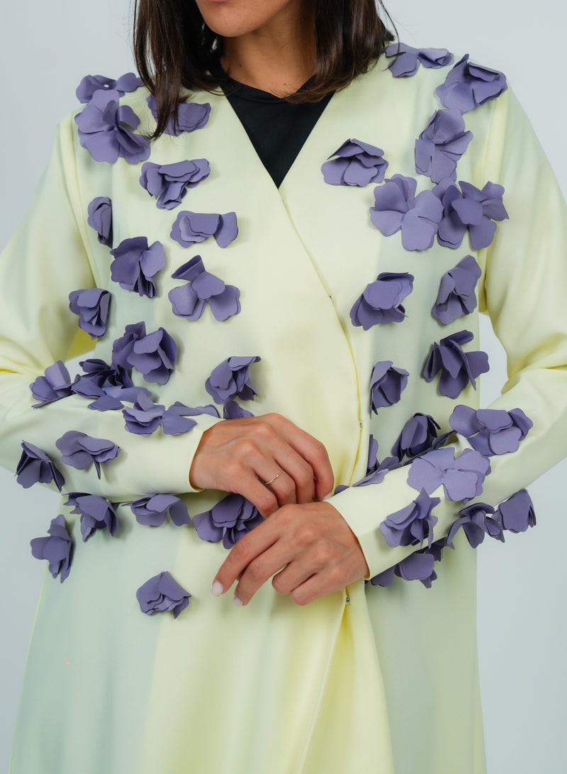 Rosette Abaya Stylish Yellow abaya featuring Purple Flowers embroidery - Image 2