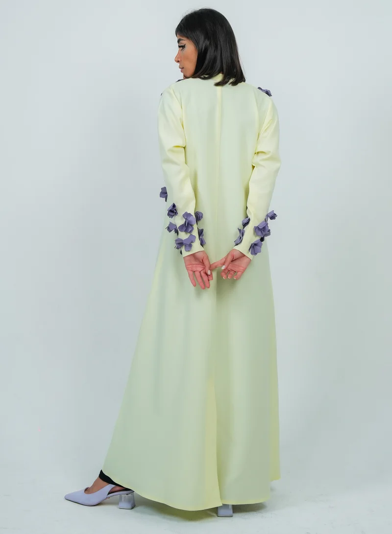 Rosette Abaya  Stylish Yellow abaya featuring Purple Flowers embroidery for Women | Best Price UAE