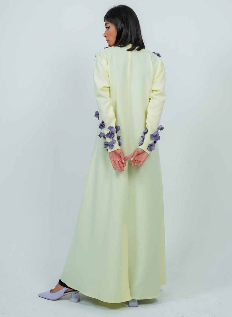 Rosette Abaya Stylish Yellow abaya featuring Purple Flowers embroidery - Image 3