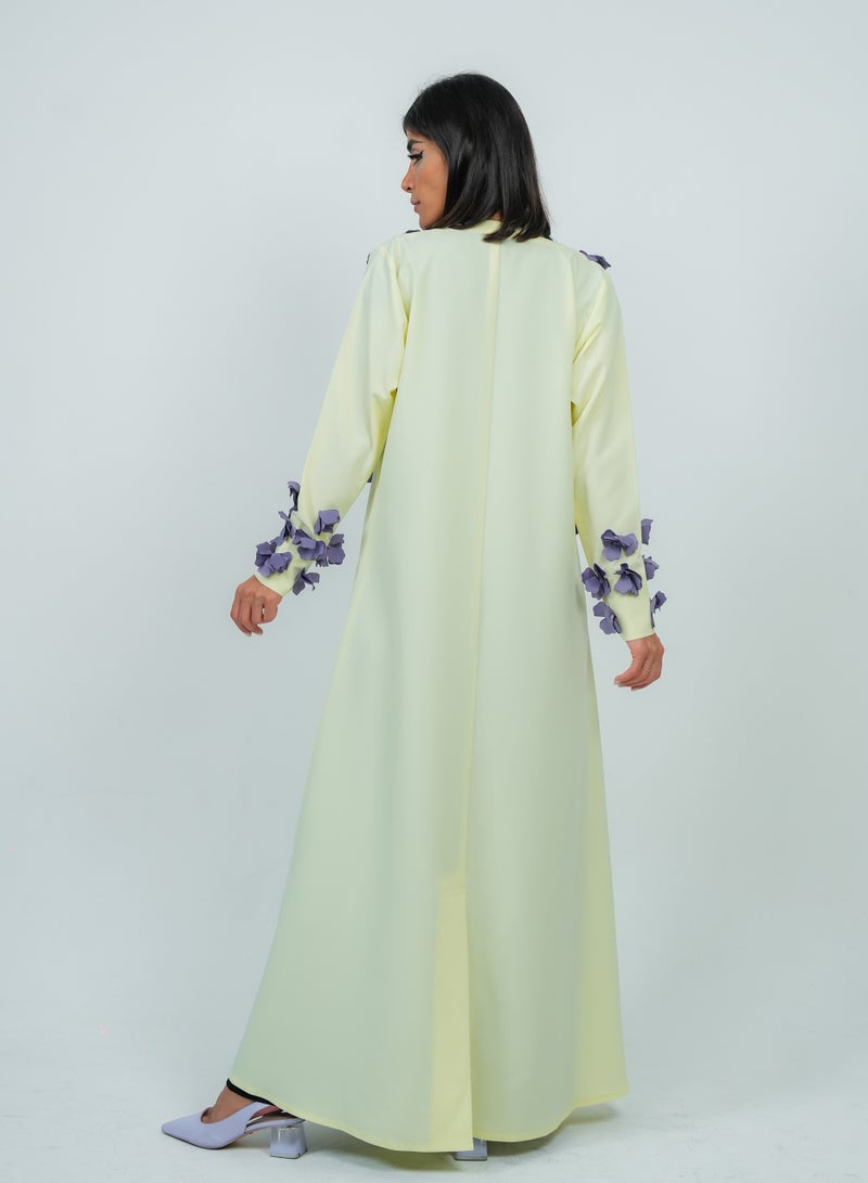 Rosette Abaya Stylish Yellow abaya featuring Purple Flowers embroidery - Image 4