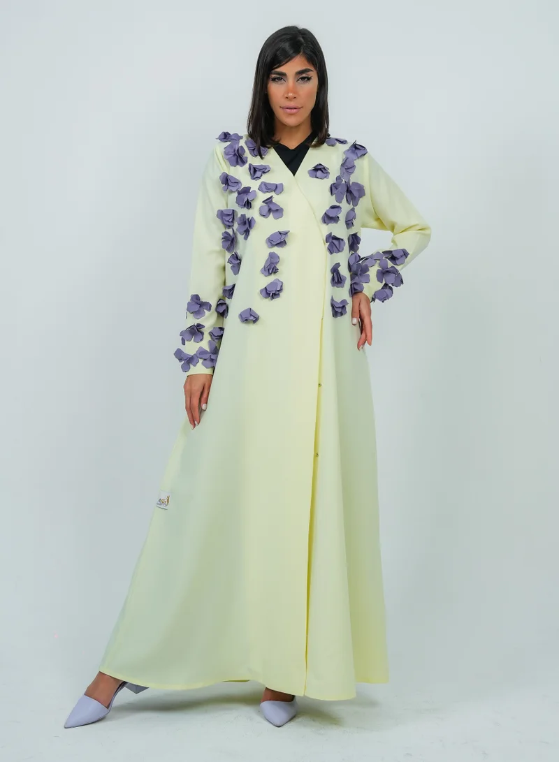 Rosette Abaya  Stylish Yellow abaya featuring Purple Flowers embroidery for Women | Best Price UAE