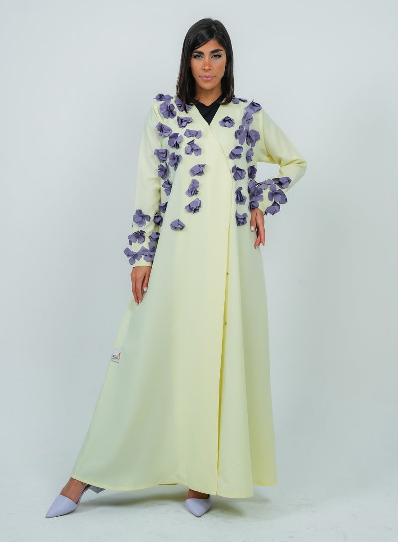 Rosette Abaya Stylish Yellow abaya featuring Purple Flowers embroidery - Image 5