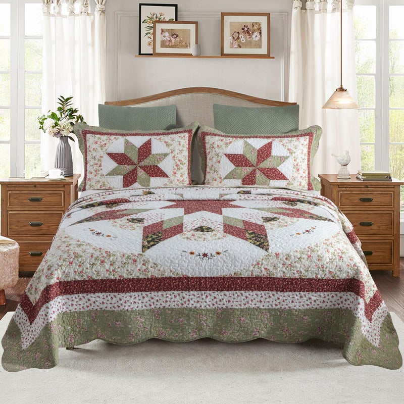 YAYIDAY Quilts King Size Patchwork Bedspread Set - 100% Cotton Reversible Breathable Red Star Geometric Quilted Quilt with Pillow Shams Fit All Seasons - Image 1