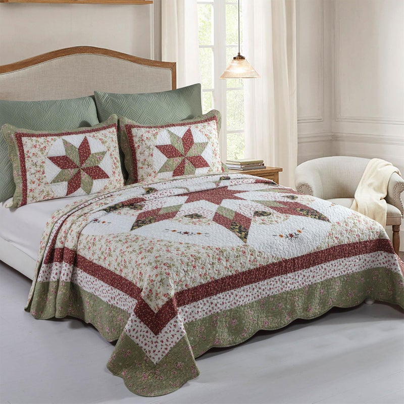 YAYIDAY Quilts King Size Patchwork Bedspread Set - 100% Cotton Reversible Breathable Red Star Geometric Quilted Quilt with Pillow Shams Fit All Seasons - Image 2