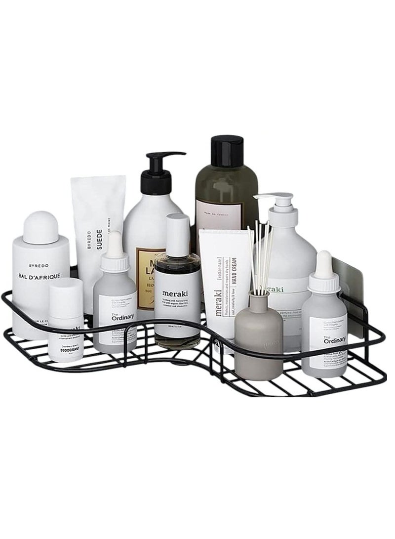رف حمام مثالي لتخزين أدوات التجميل، رف معدني لاصق على الحائط وفي الزاوية، رف تخزين وحامل للشامبو، للمطبخ والحمام ستانلس ستيل، أسود - Image 1