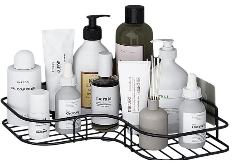 Perfect Bathroom Shelf for Cosmetic Storage, Adhesive Metal Wall Mounted Corner Shelf, Shampoo Storage Rack and Holder, for Kitchen and Bathroom, Stainless Steel, Black - Image 1