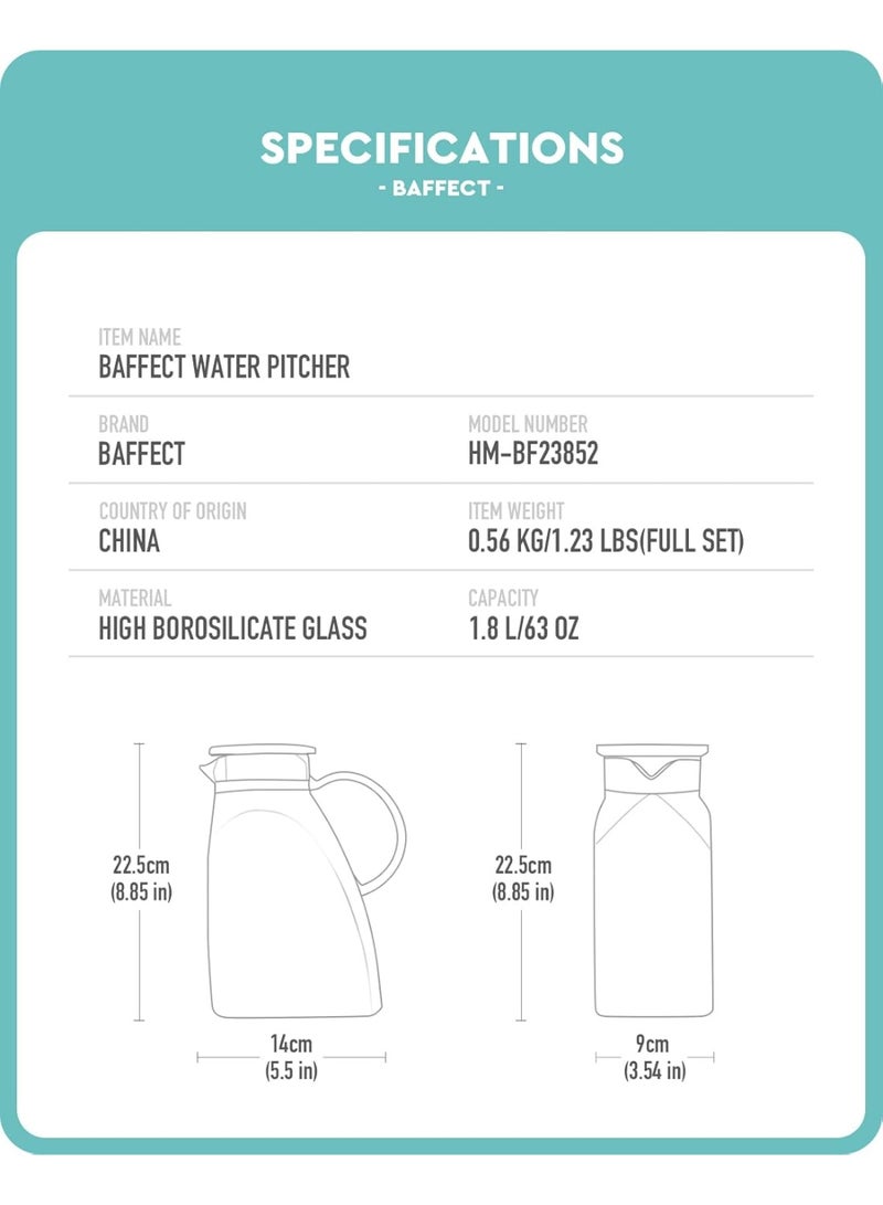 baffect Glass Pitcher With Lid and Spout, 1.8 Liter 60 oz Glass Pitchers With Handle And Lid, Jug Water Pitchers For Fridge, Carafe Jar for Hot/Cold Water Iced Tea Juice Coffee Milk Beverage - Image 4