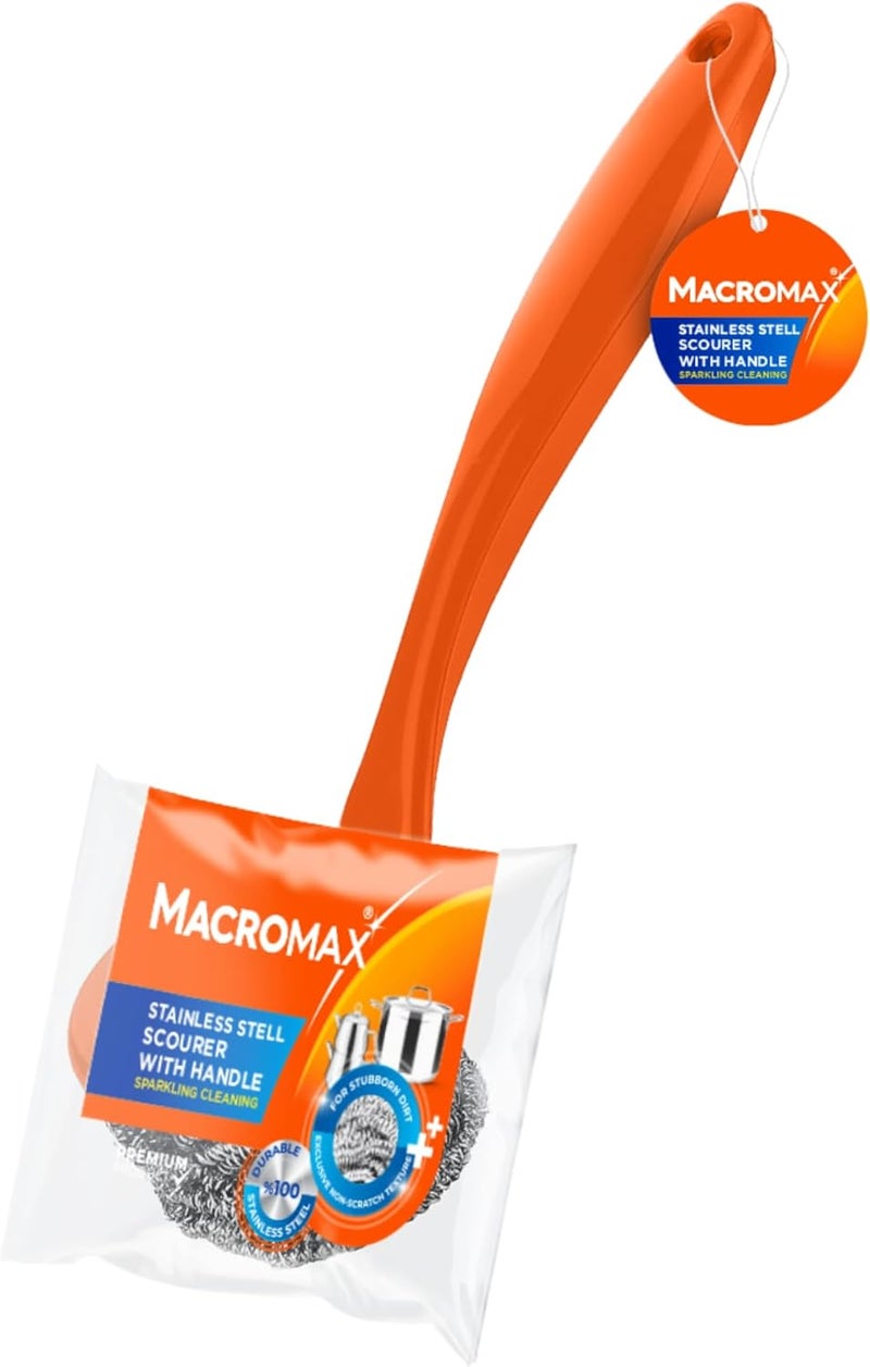 Macromax Stainless Steel Scourer with Handle – Heavy Duty Rust-Resistant Metal Scrubber - Image 1