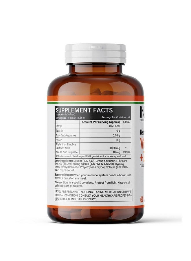 INLIFE مستخلص فيتامين C الطبيعي من الأملا مع الزنك لتعزيز المناعة والعناية بالبشرة - 60 قرص نباتي (عبوة من 1، 60) - Image 2