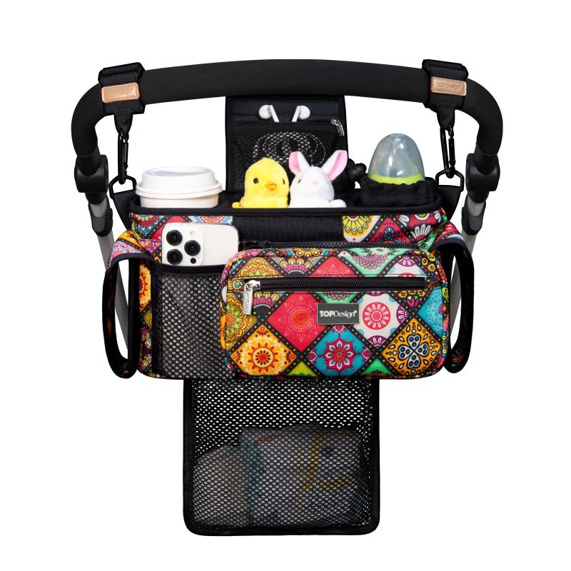 TOPDesign Universal Baby Stroller Organizer, Stroller Caddy with Detachable Mesh Bag & Heightened Insulated Cup Holders & Non-Slip Secure Hooks Accessories, Fits Most Strollers (Yoga) - Image 1