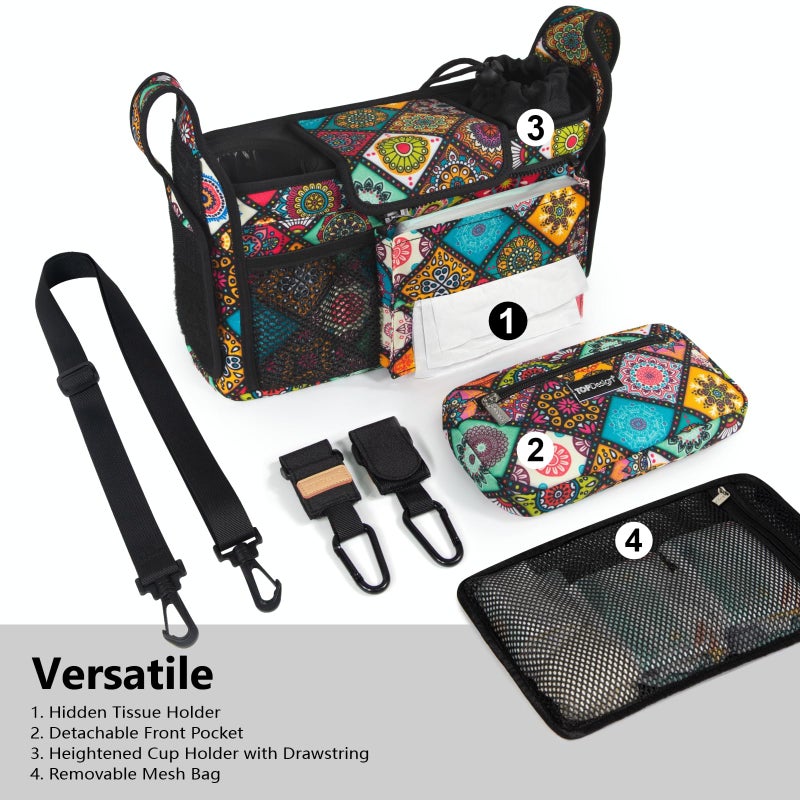 TOPDesign Universal Baby Stroller Organizer, Stroller Caddy with Detachable Mesh Bag & Heightened Insulated Cup Holders & Non-Slip Secure Hooks Accessories, Fits Most Strollers (Yoga) - Image 2