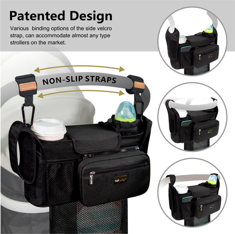 TOPDesign Universal Baby Stroller Organizer, Stroller Caddy with Detachable Mesh Bag & Heightened Insulated Cup Holders & Non-Slip Secure Hooks Accessories, Fits Most Strollers (Yoga) - Image 4