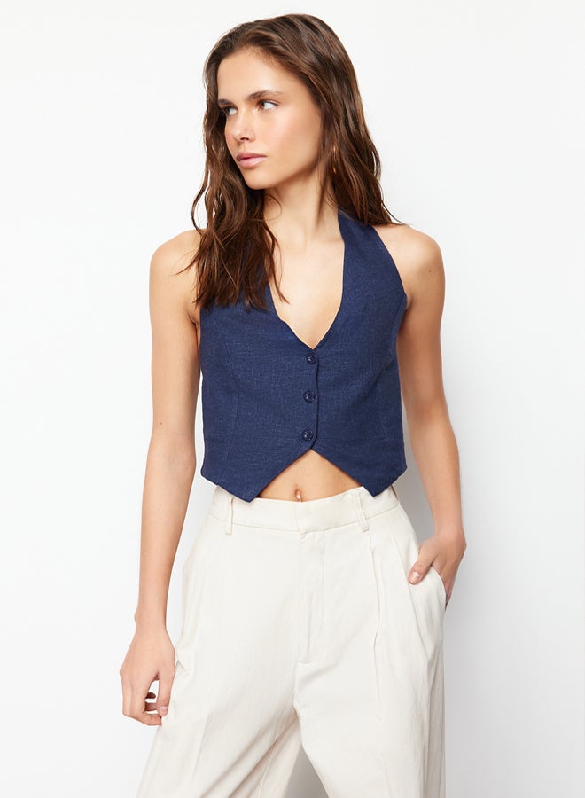 trendyol Indigo Halter Neck Gathered Back Cotton Linen Crop Woven Blouse - Image 4