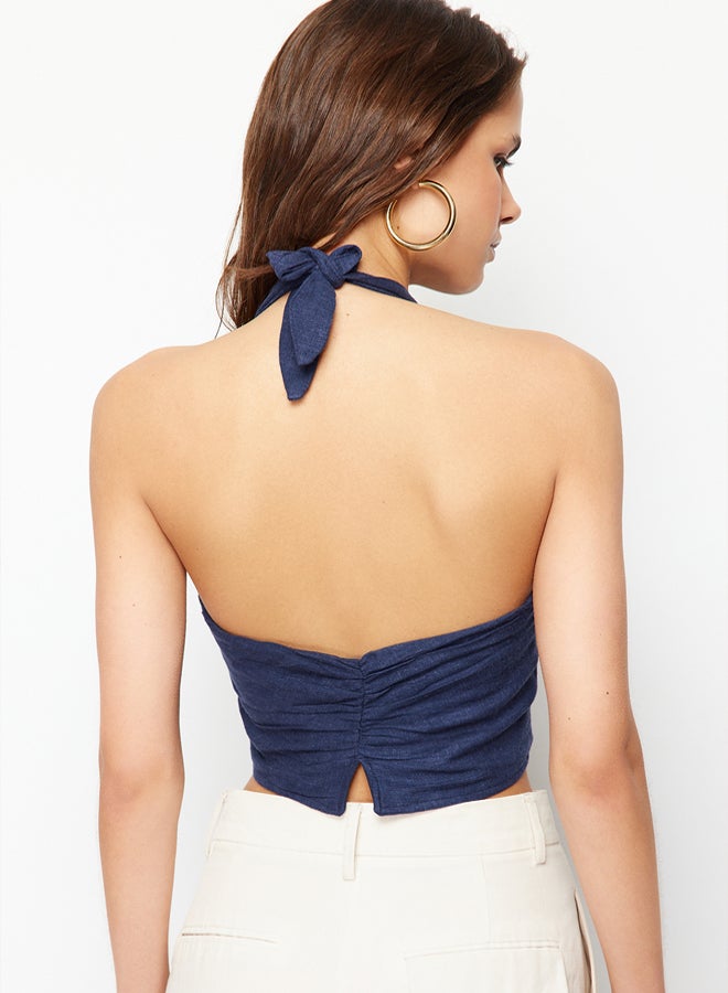 trendyol Indigo Halter Neck Gathered Back Cotton Linen Crop Woven Blouse - Image 3