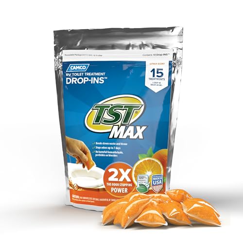Camco TST MAX RV Toilet Treatment Drop-INs - Control Unwanted Odors and Break Down Waste and Tissue - Safe Septic Tank Treatment - Orange Scent - 15-Pack (41189) - Image 1