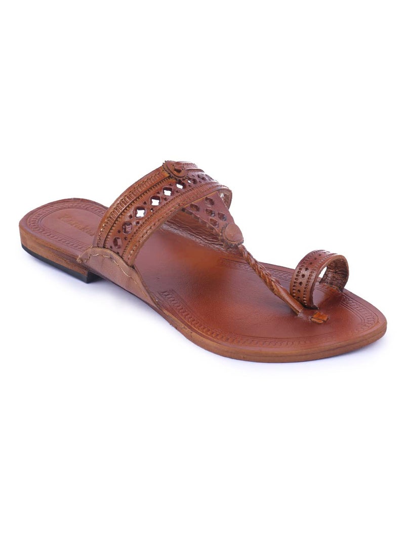 KORAKARI Womens Diamond Feet Kolhapuri Chappal Tan Genuine Leather Handcrafted Sandal Smooth and Comfortable Flip Flops Slipper Anti Slip Design Traditional Footwear (UK-7) - Image 1