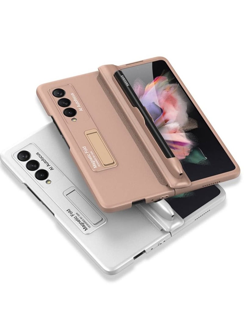 Generic Phone Case for Samsung Galaxy Z Fold 3 Hinged Case with Built-In Magnetic Stand Pc Leather Case Full Wrap Shockproof Phone Case (Silver)  - Image 3