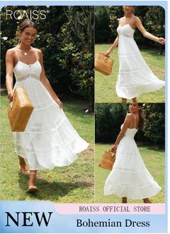 roaiss Fashion Versatile Suspender  V-Neck  Sleveeless  Solid Dress for Women's Daily Commuting and Vacation Bohemian Hollow Large Skirt Adjustable Shoulder Strap  High-Rise Dress  - Image 1