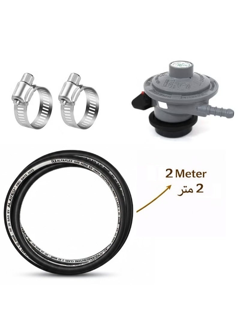 LPG Gas Cylinder Regulator with Hose (2 m 8 mm) and stainless steel clip 2 Piece - Image 1